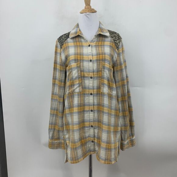 Free People Little Bit of Sugar Shirt Womens S Plaid Flannel Sequin Mesh Panel - Picture 2 of 15